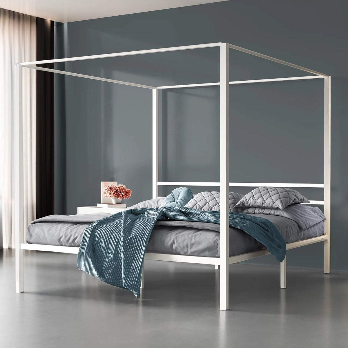 White Twin Size Metal Canopy Platform Bed Frame with Headboard G4099