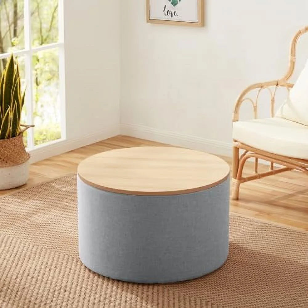 Large Round Linen Beige Coffee Table Ottoman with Lift Off Lid H44794