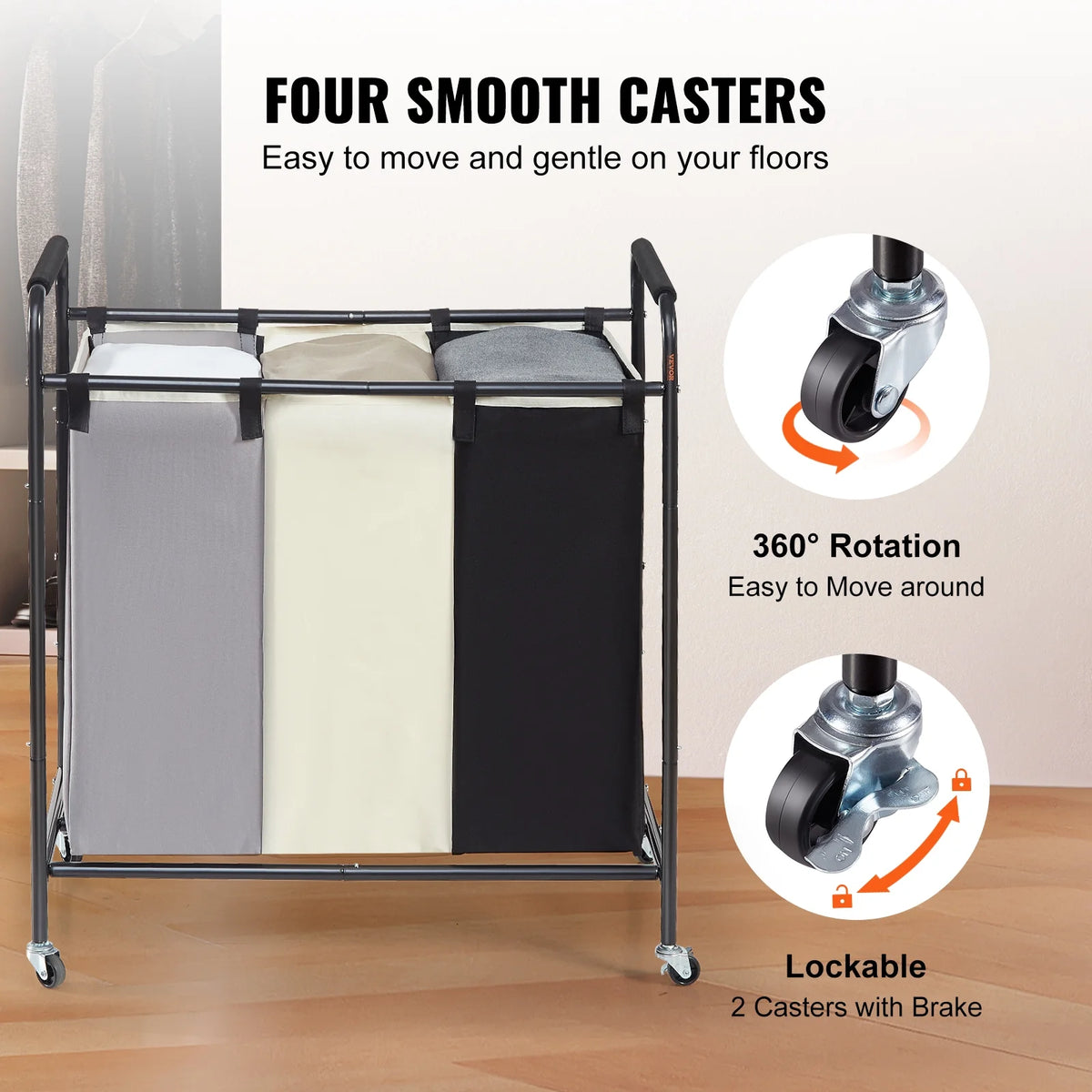 3-Section Rolling Laundry Sorter Cart with Wheels T790