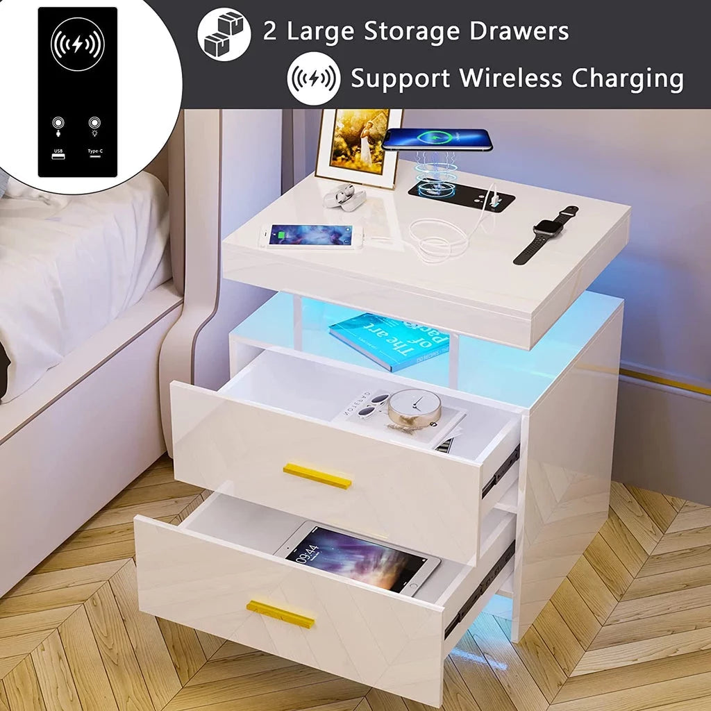 Black 2 Drawer LED Nightstand with Wireless Charging Station A398