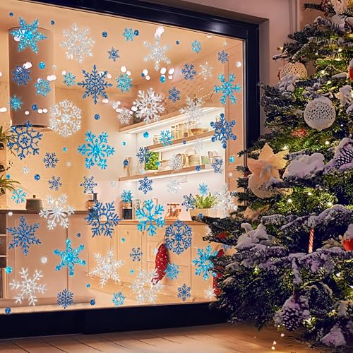 Glitter Snowflake Window Clings Blue Silver Double-Sided X112