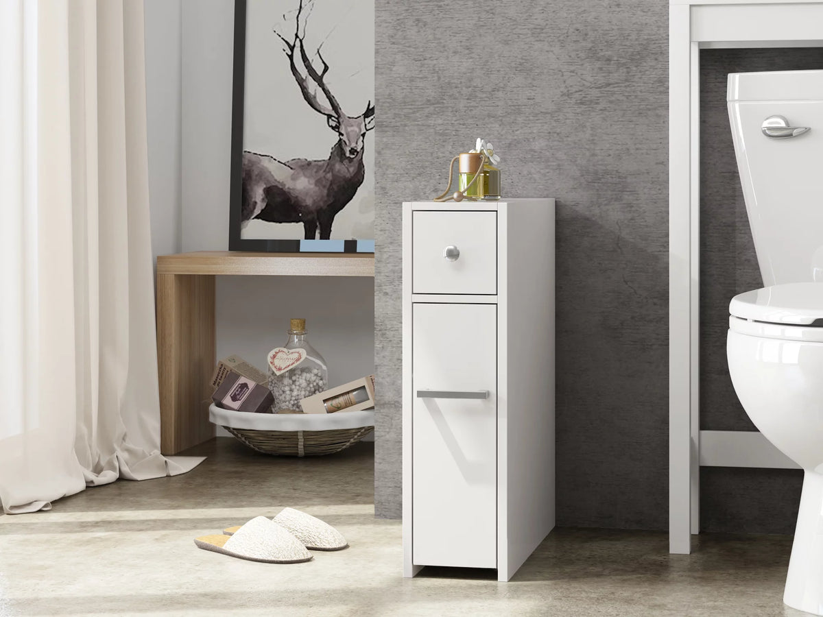 White Slim Bathroom Storage Cabinet with Toilet Paper Holder and Slide Out Drawer Y310