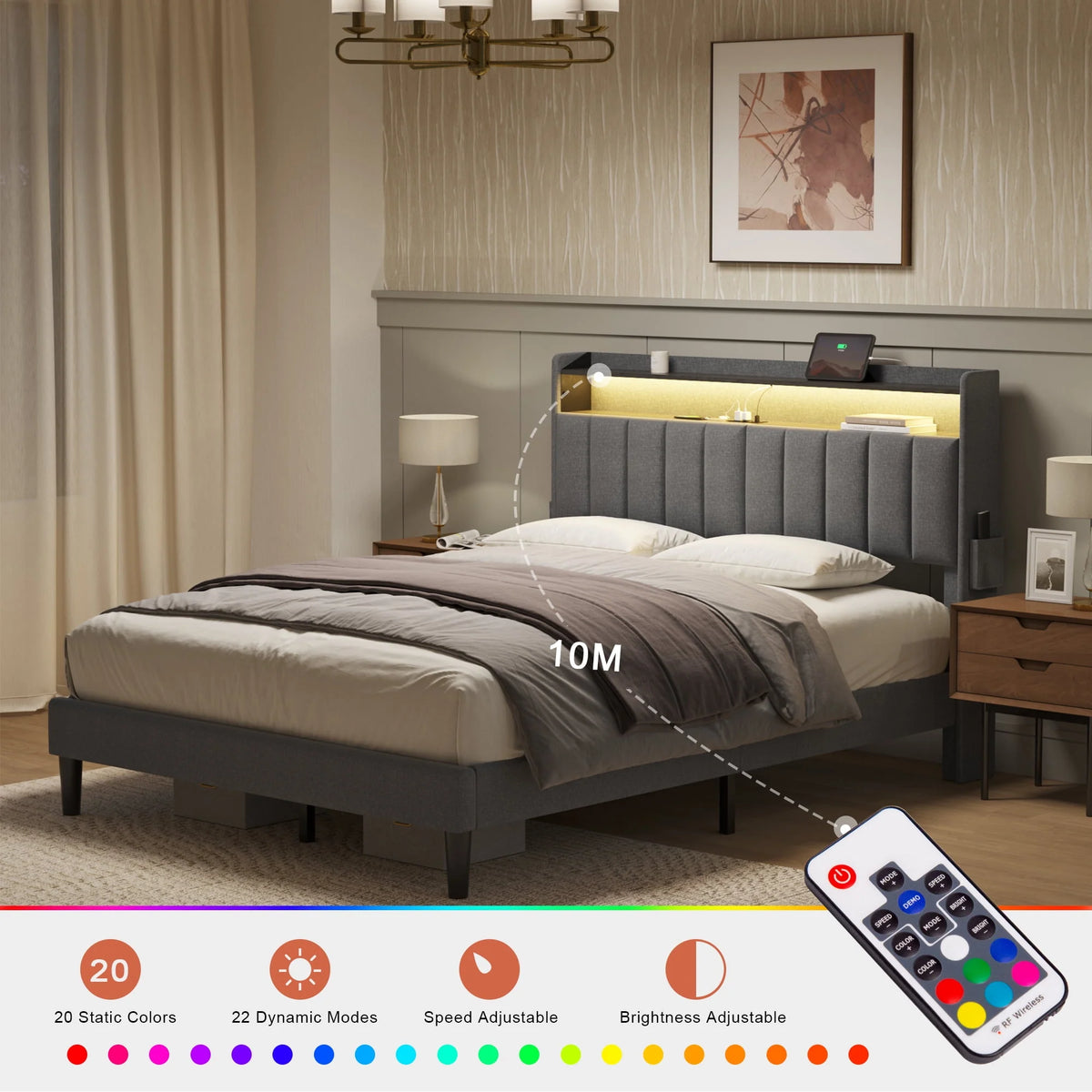 Queen Upholstered Platform Bed Frame with Storage Headboard N12322