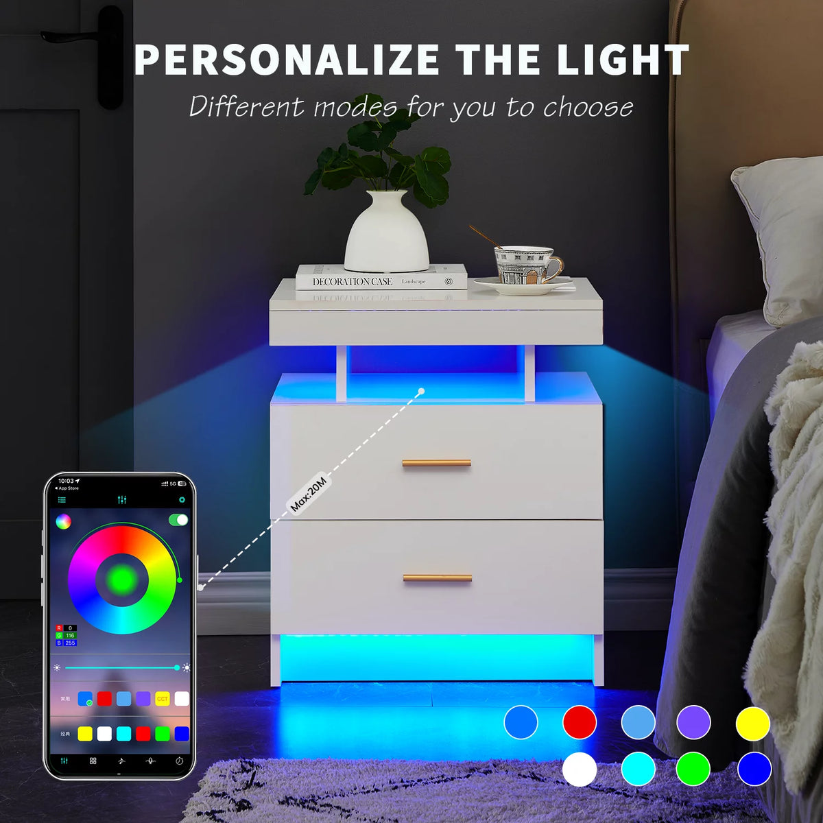 Black 2 Drawer LED Nightstand with Wireless Charging Station A398