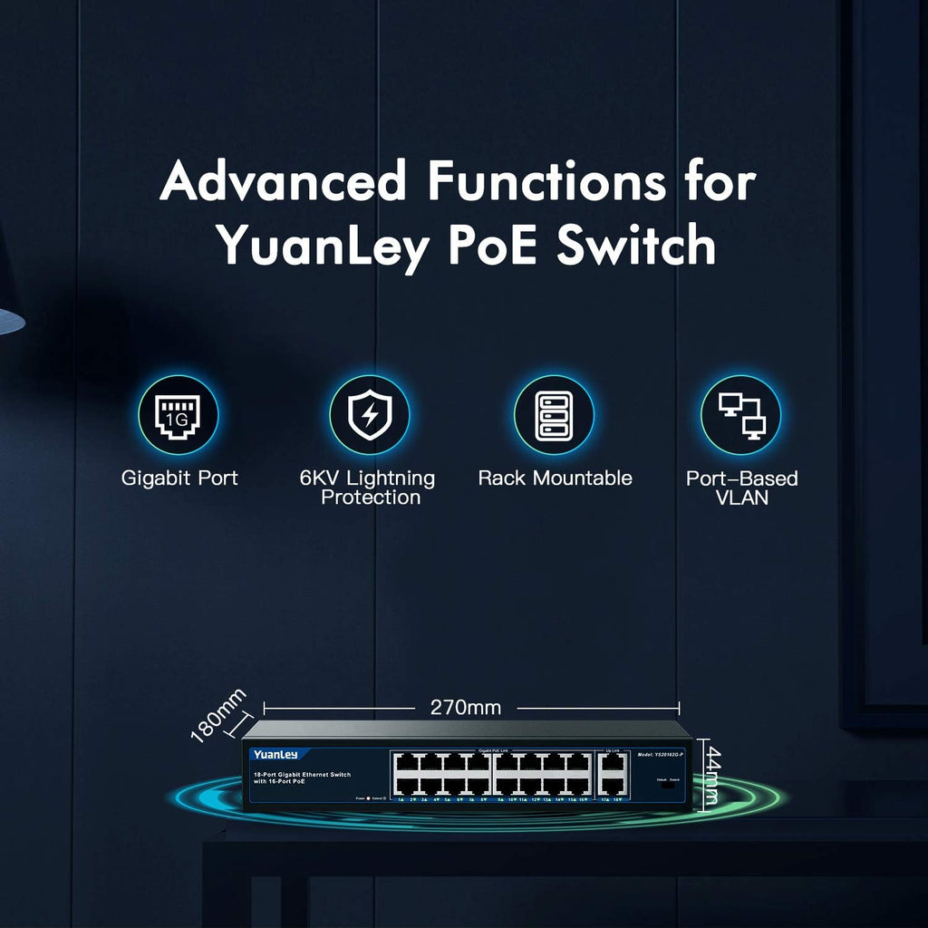 18 Port Gigabit PoE Switch, 250W, Metal Unmanaged Network Switch Q46904