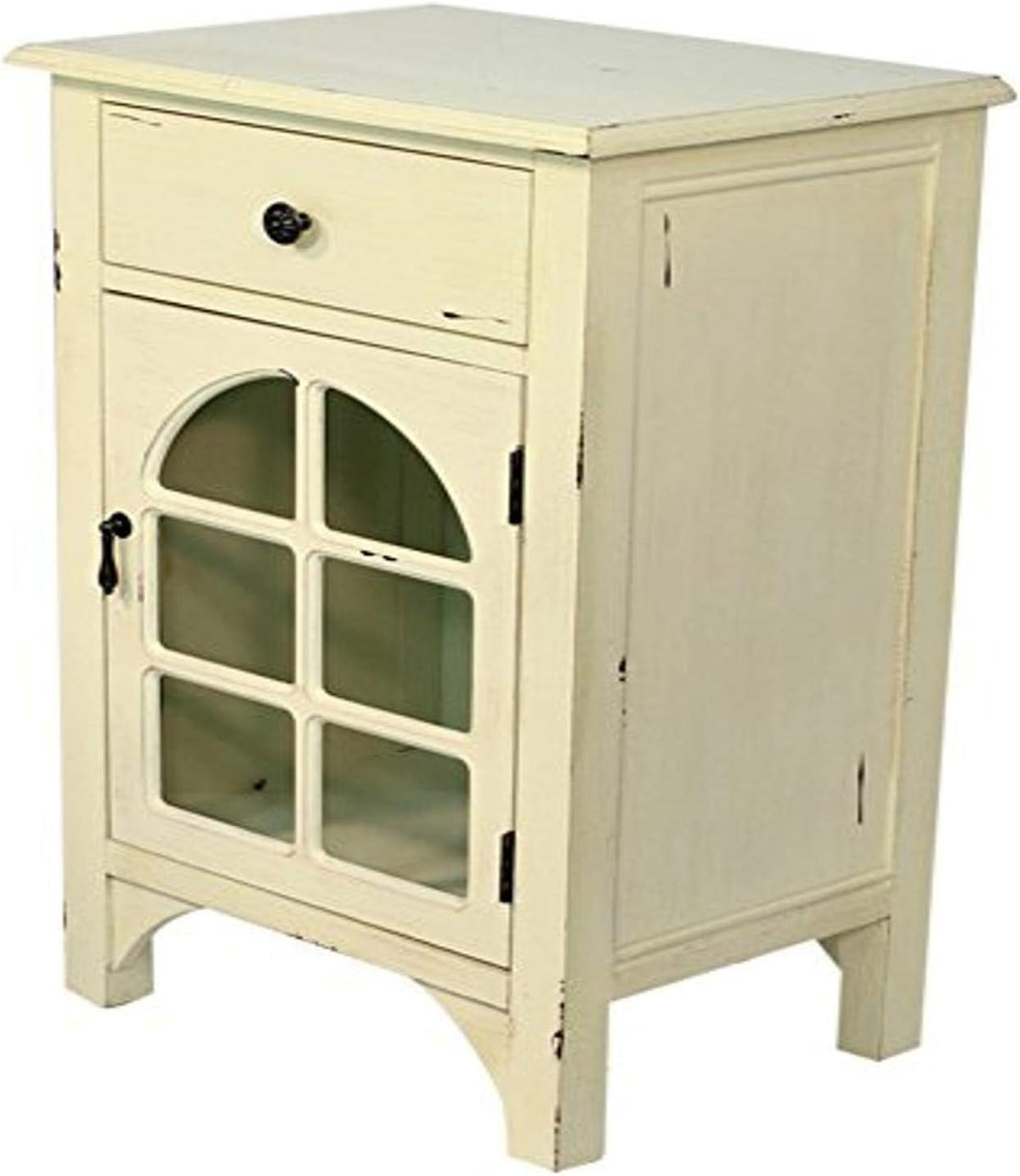 Single Drawer Distressed Cabinet with Cathedral Glass Window Inserts Y853