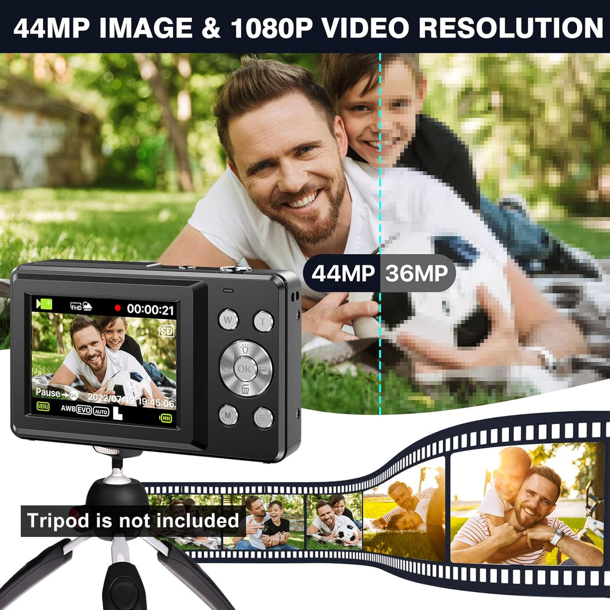 Black 44MP FHD 1080P Compact Digital Camera with 32GB Card C5385