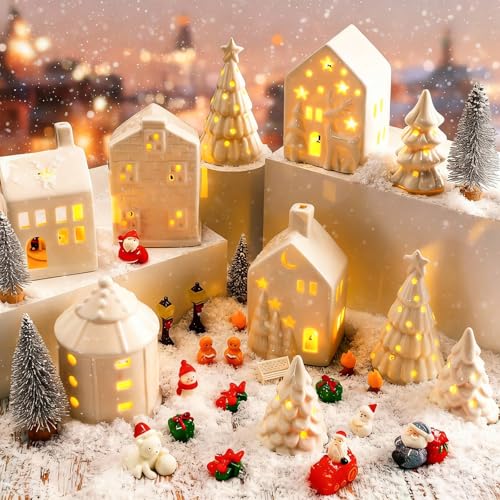 30 Pcs White Ceramic Christmas Village Set with LED Lighted Houses E622528