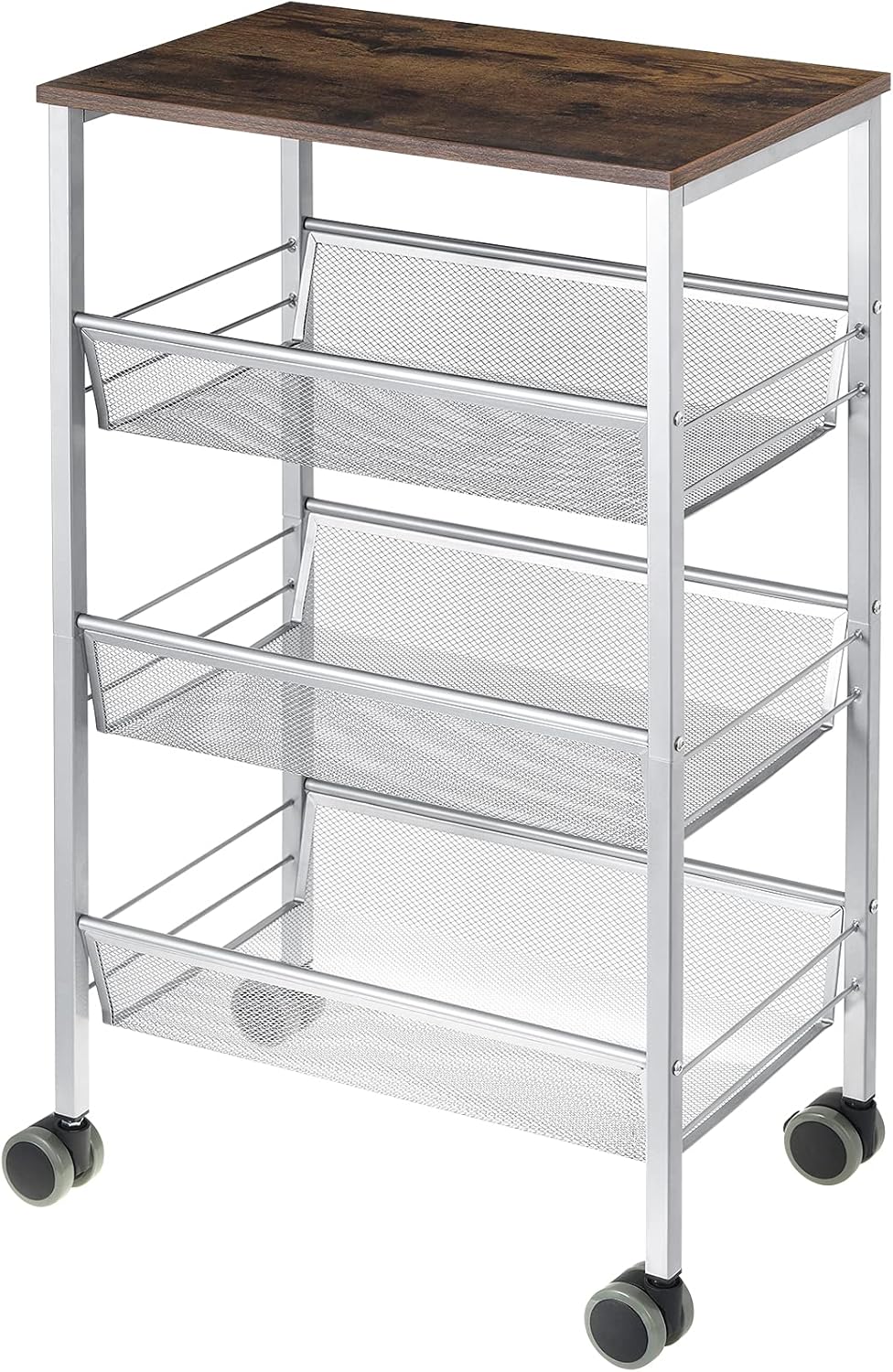 3-Tier Metal Mesh Rolling Kitchen Cart with Wood Cover Q33223