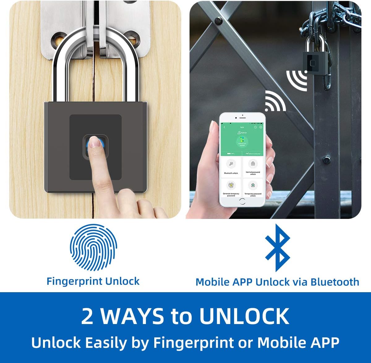 Fingerprint Padlock, Large Size Smart Lock, Bluetooth Padlock with Keyless Biometric, Waterproof for Warehouse, Gym, Cabinets, Office Pack of 2 D555