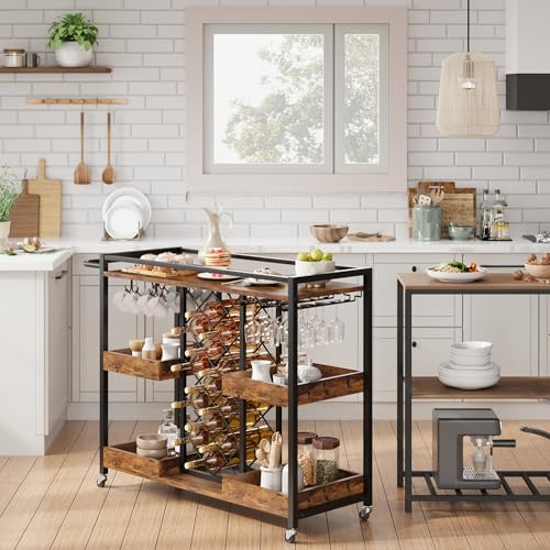 Brown 3 Tier Rolling Bar Cart with Wine Rack T151