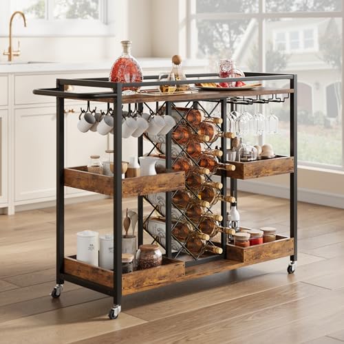 Brown 3 Tier Rolling Bar Cart with Wine Rack T151