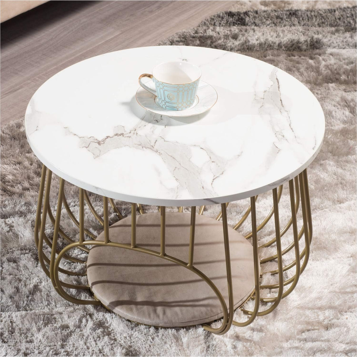 White Marble Texture Black Round Coffee Table with Storage Y939673