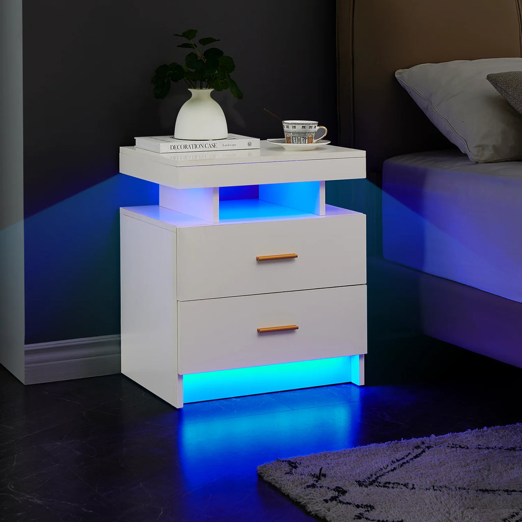 Black 2 Drawer LED Nightstand with Wireless Charging Station A398