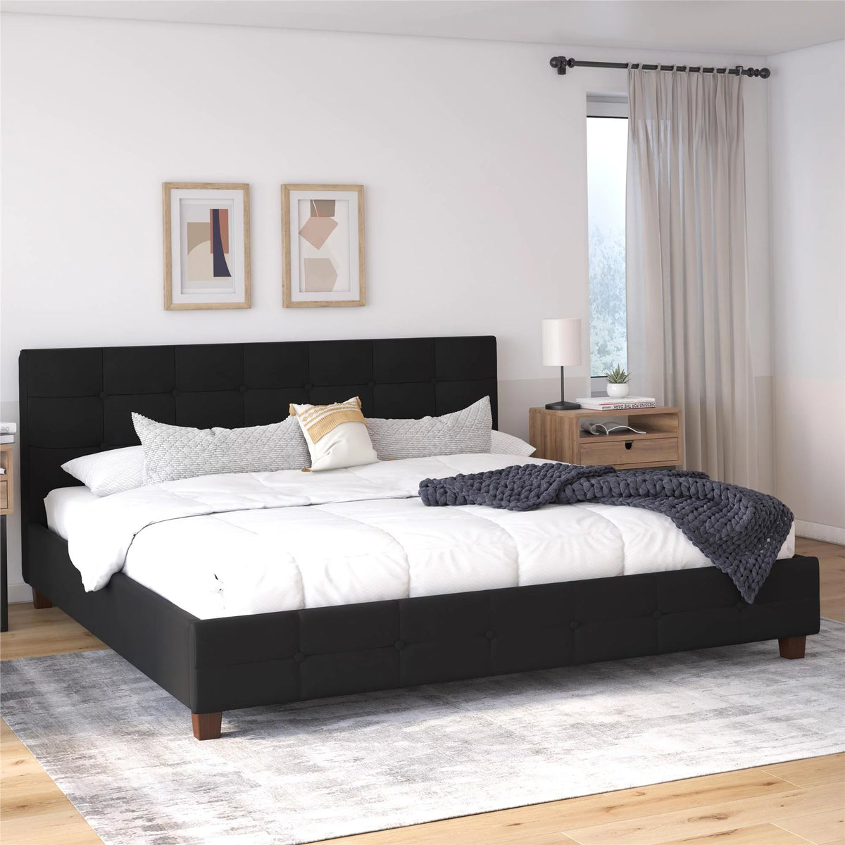 Black Linen King Upholstered Platform Bed Frame G5881