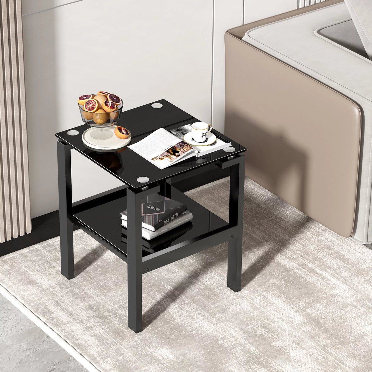 Black Tempered Glass 2 Layer End Table F347