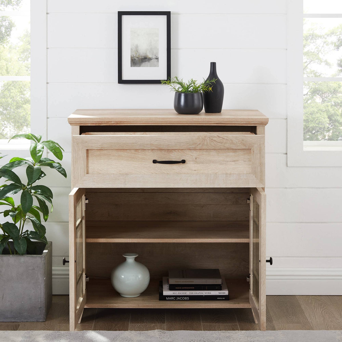 White Oak 2 Door Window Pane Accent Cabinet T304564