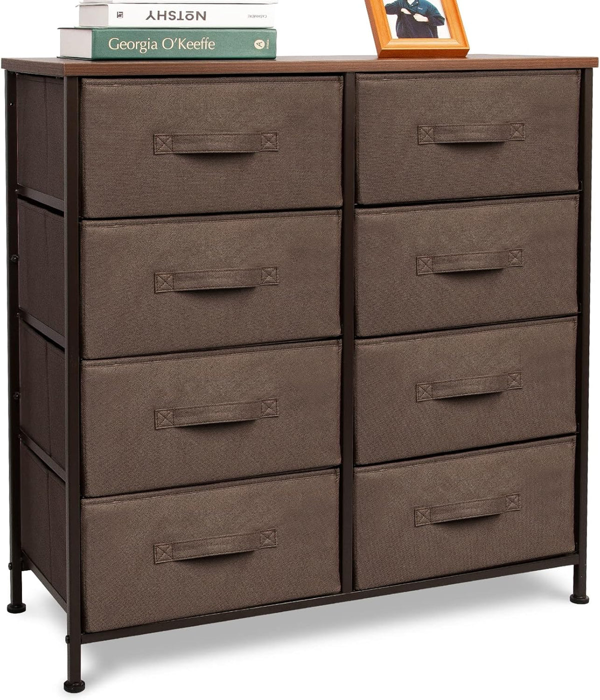 Industrial Rustic Brown Fabric 4 Drawer Storage Dresser with 2 Display Shelves P66428