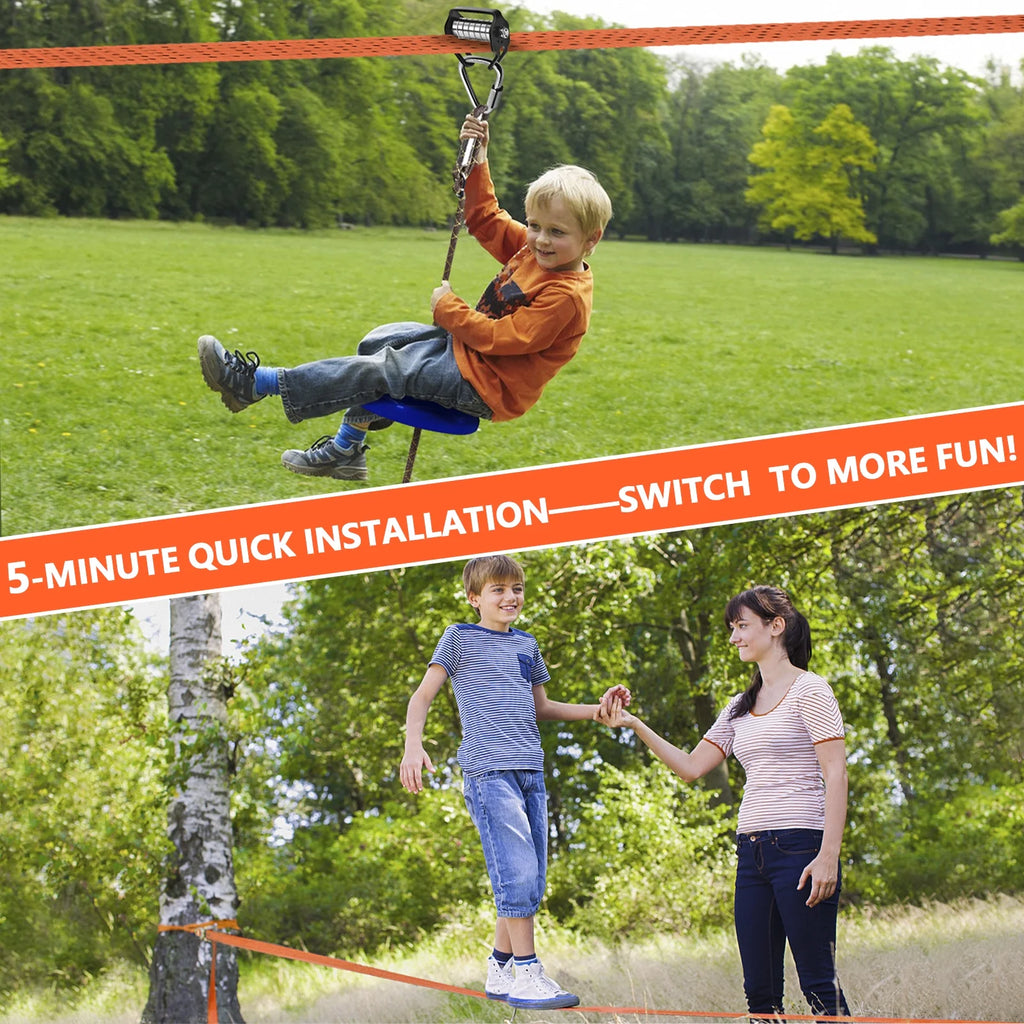 Zip Lines for Kids Outdoor Toys - Pulley Kits with 65 Ft Slackline, Maximum Load 330lb M546