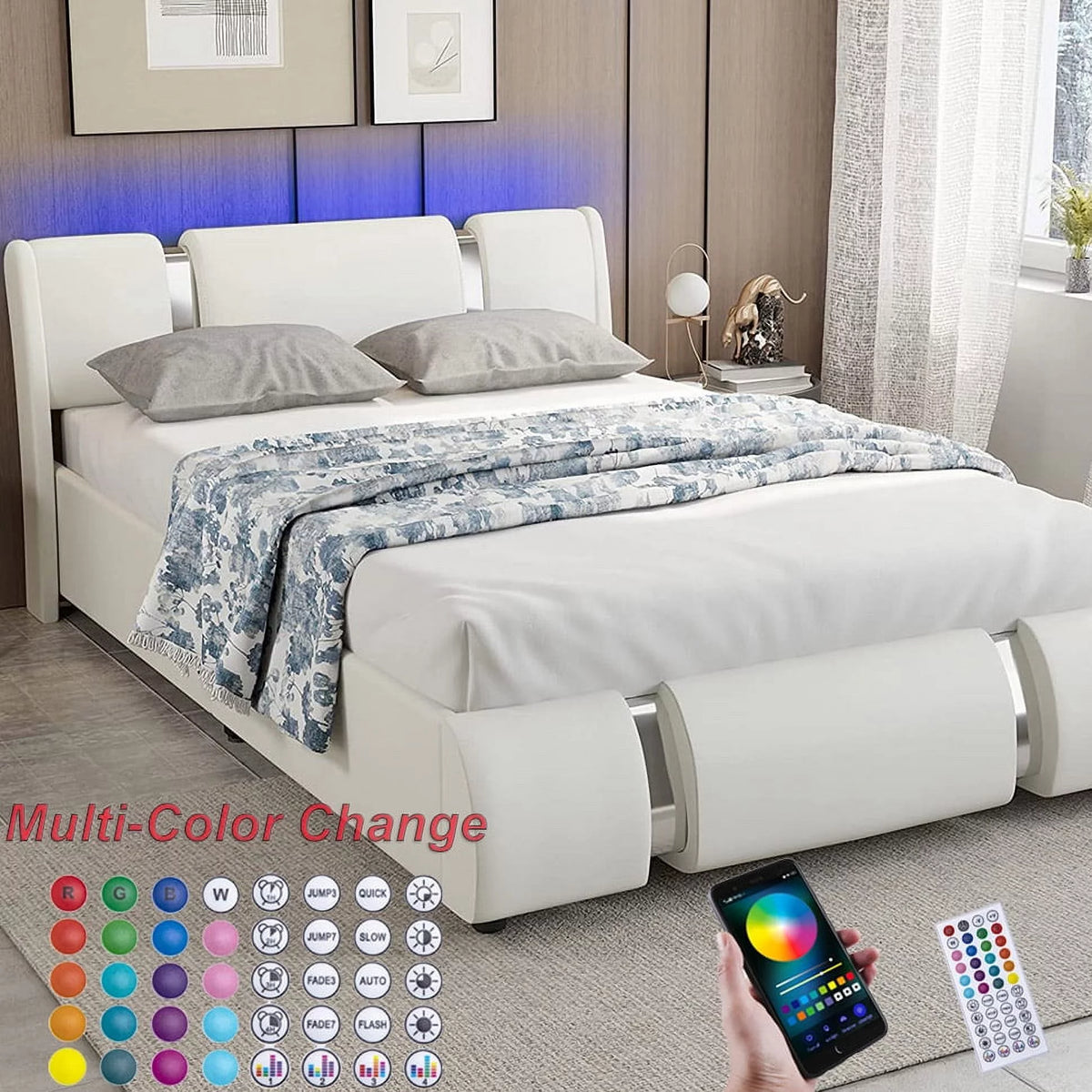 Faux Leather Full Size Platform Bed with LED Light and Adjustable Headboard V36407