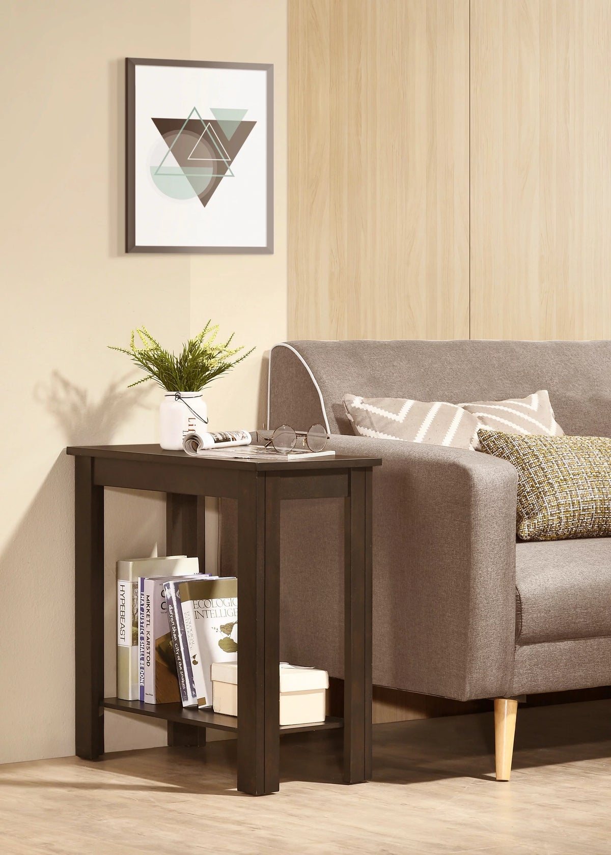 Contemporary Chairside Table with Open Bottom Shelf 1Pc Charcoal Finish Solid Wood P2735