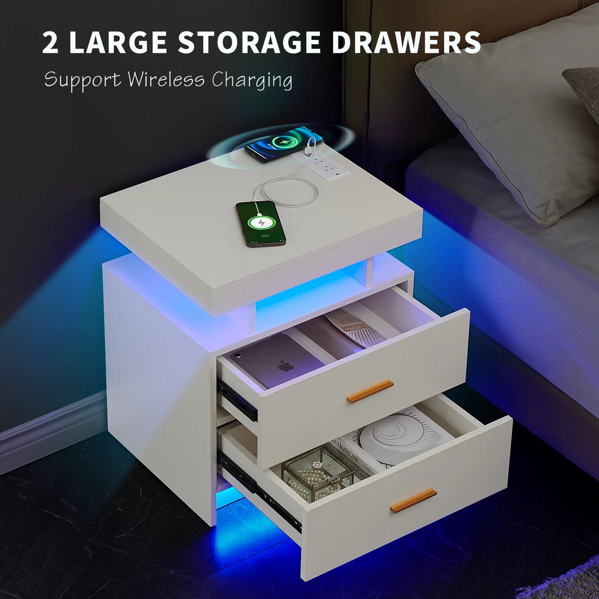 Black 2 Drawer LED Nightstand with Wireless Charging Station A398