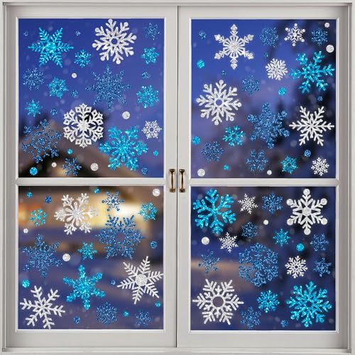 Glitter Snowflake Window Clings Blue Silver Double-Sided X112