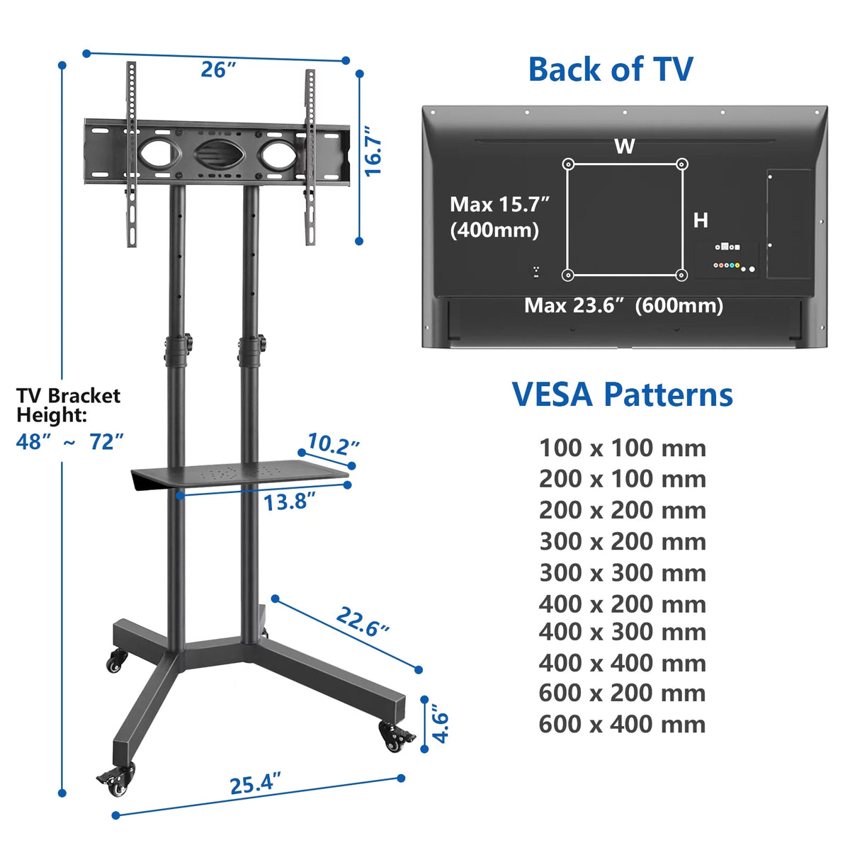Black Mobile TV Stand Cart on Wheels for 32 to 75 inch TVs A756095