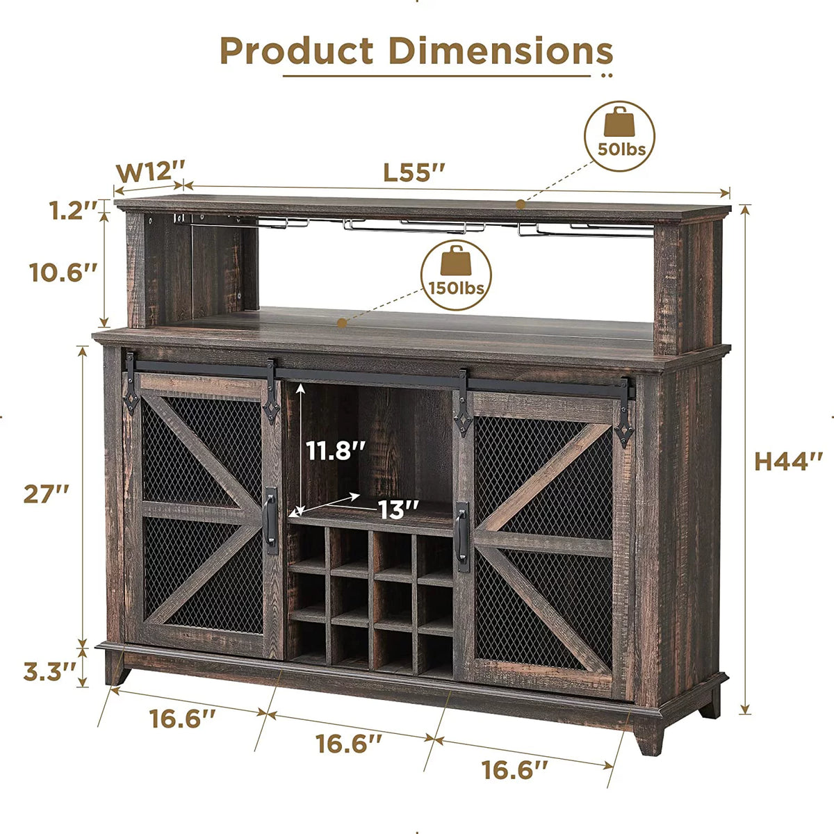 55" Double Barn Door Buffet Sideboard with Adjustable Shelves N355