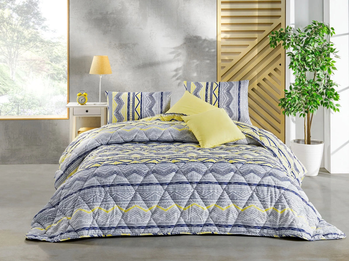 Blue & Yellow Geometric Cotton 9 Piece Bed in a Bag Comforter Set I29358