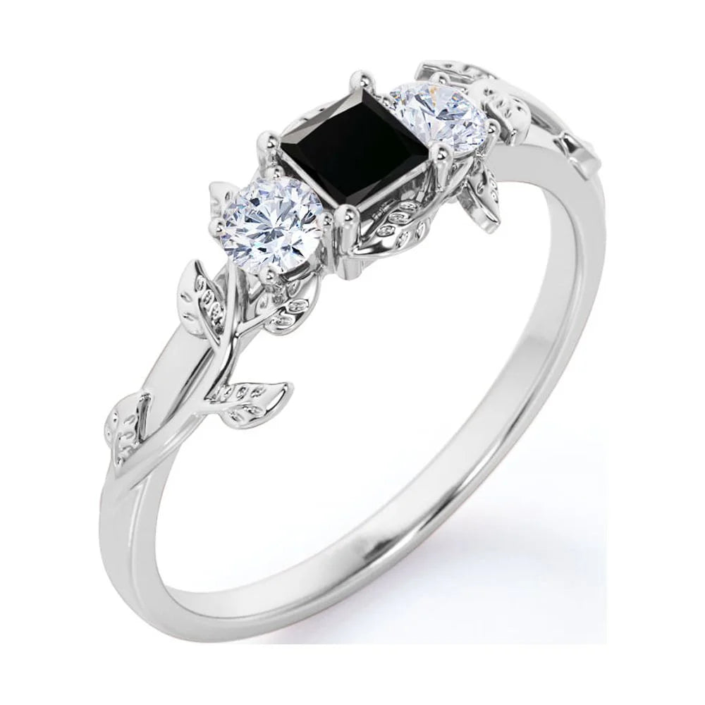 Three Stone Engagement Ring with Lab Grown Black Diamond and Moissanite W40572