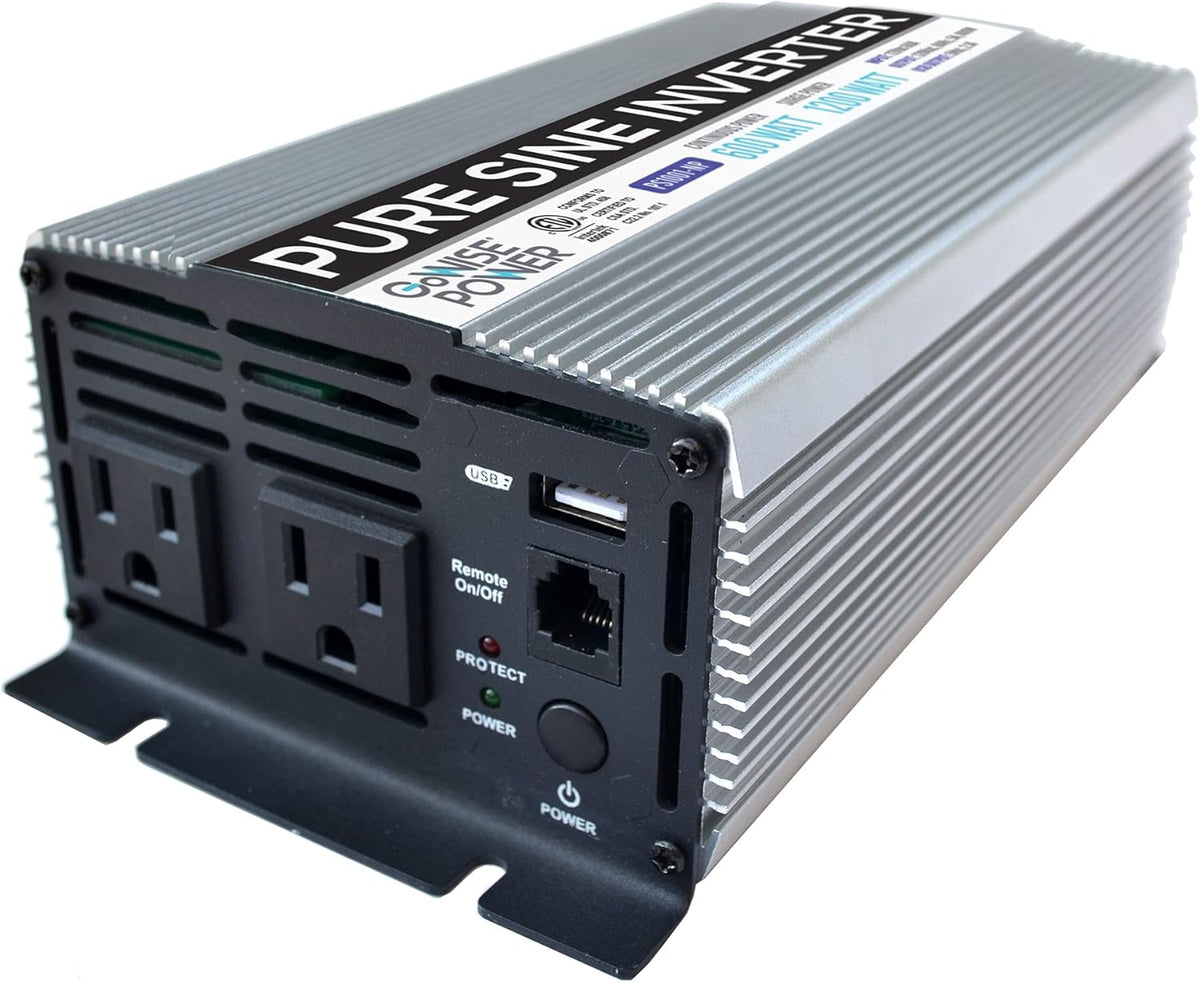 600W Pure Sine Wave Inverter 12V DC to 115V AC with 2 AC Outlets and USB Port U41833