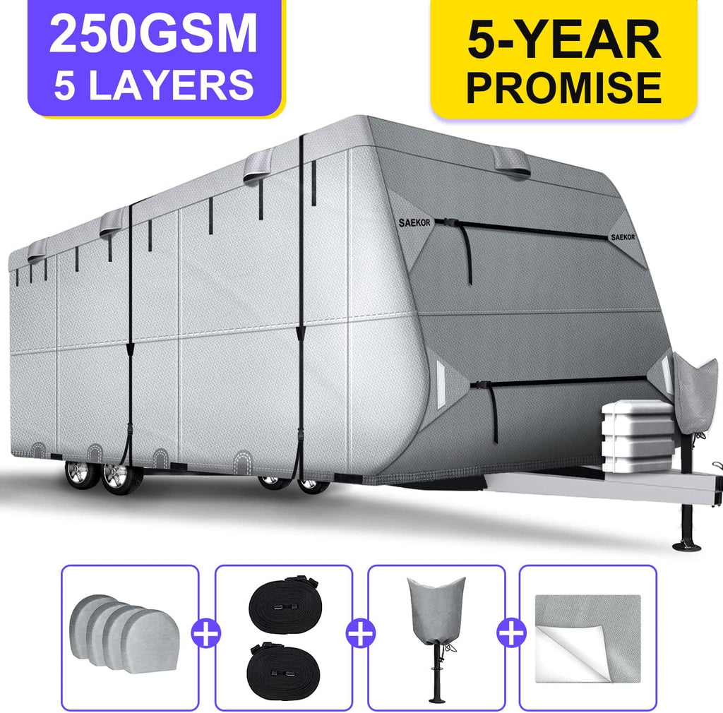 250 GSM 5 Layers Travel Trailer RV Cover for 24.1'-26' RV with 4 Tire Covers M1583
