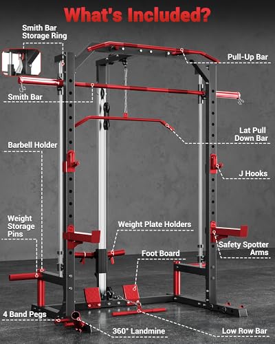 Smith Machine Home Gym with Barbell Bar, Cable System, Lat Pulldown Attachments, Safety Spotter Arms, J Hooks, Landmine, Multi-Functional Squat Rack O539