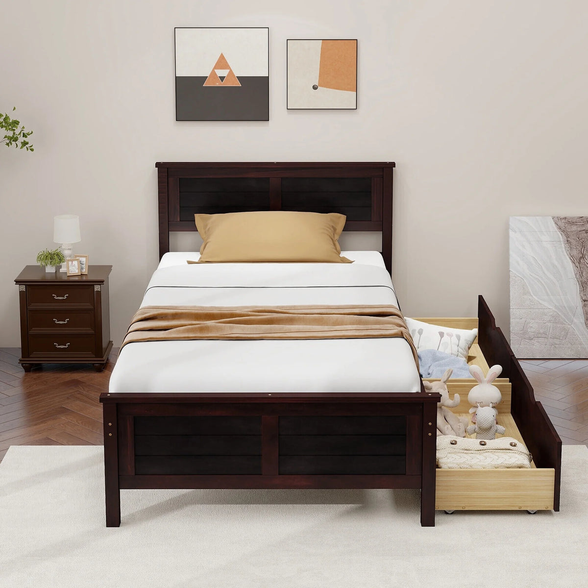 Twin Size Wooden Bed Frame with 2 Storage Drawers L381