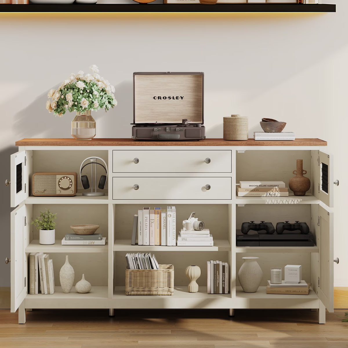 Antique White Farmhouse Coffee Bar Cabinet with 2 Drawers F48201