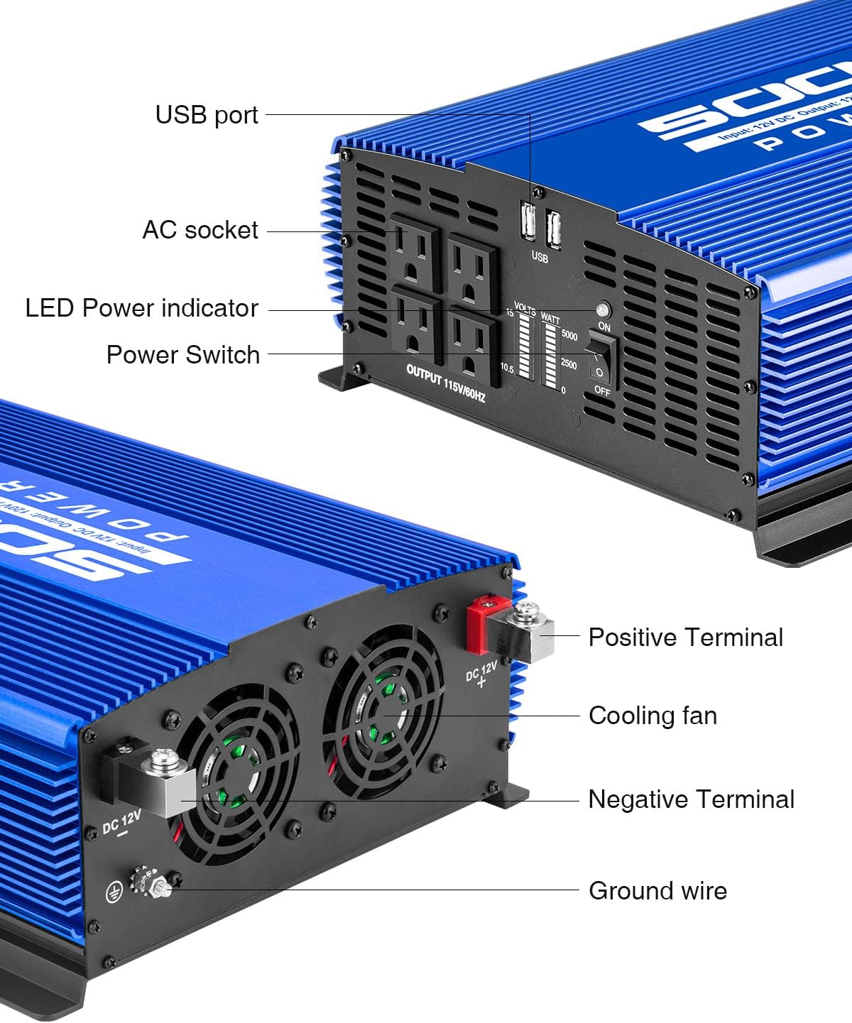 5000W Power Inverter 12V to 110V Car Inverter 4AC Outlets 2USB Ports W452