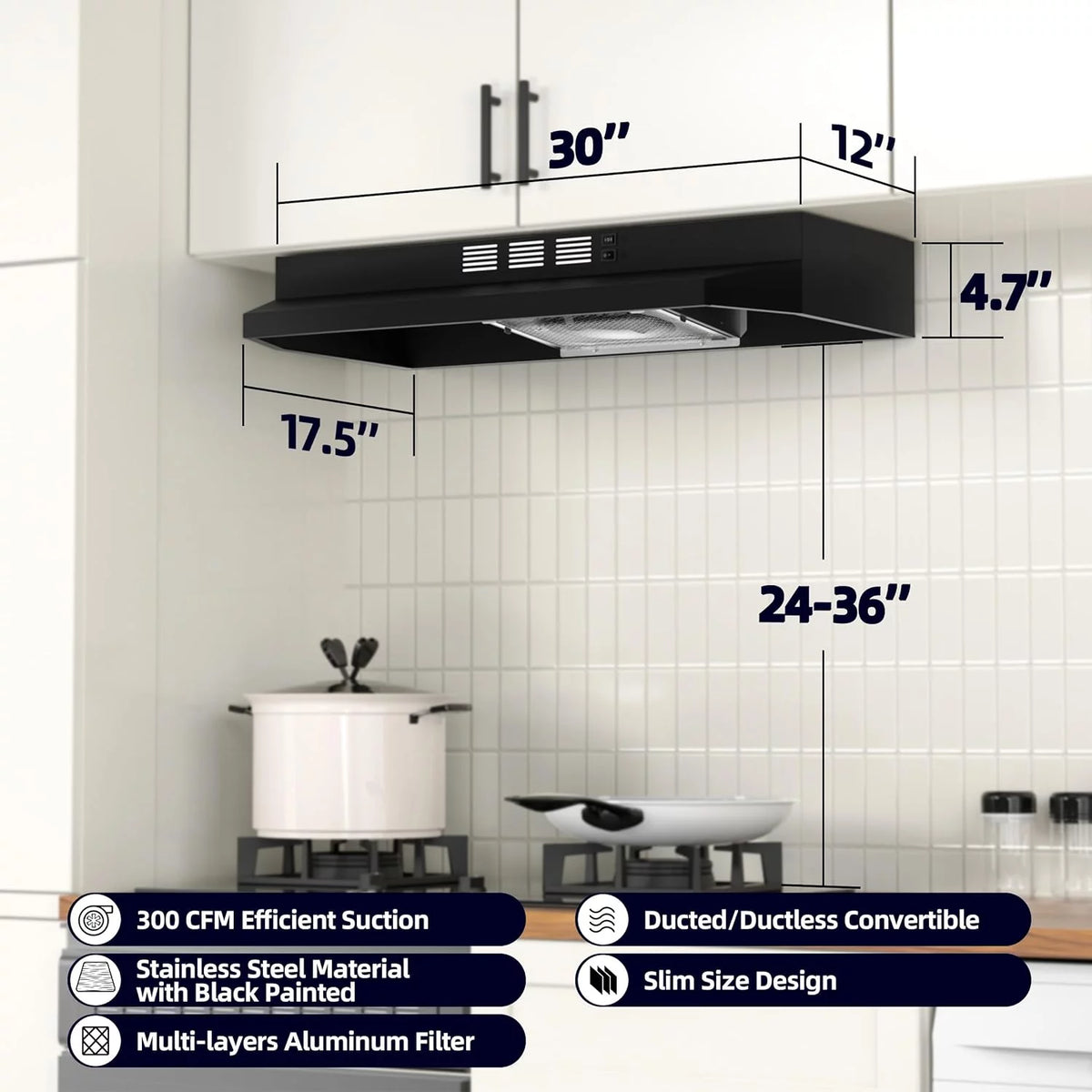 Black 30 inch Under Cabinet Range Hood with 300 CFM Y9110