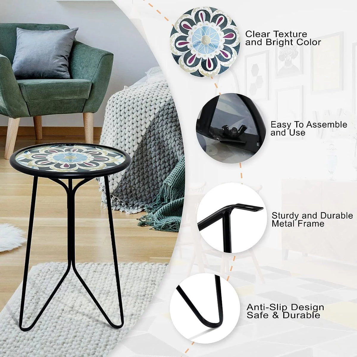 Mosaic Metal Round Glass Table 12x12x22 inch Z462792