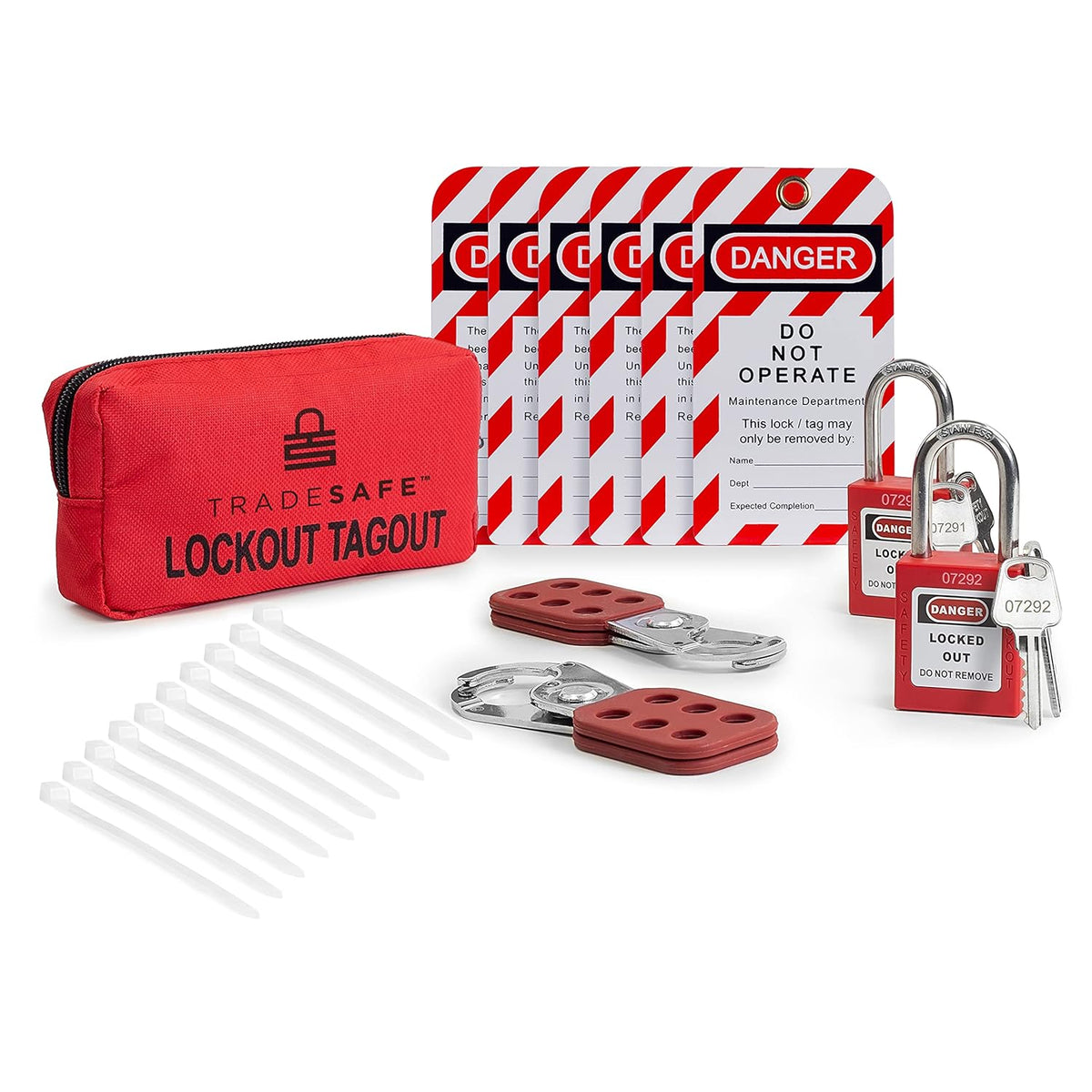 Lockout Tagout Kit with Hasps, Loto Tags, Red Safety Padlocks (2 Keys Per Lock) D40506