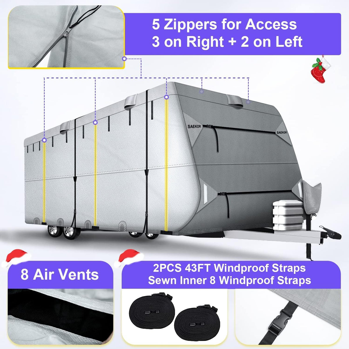 250 GSM 5 Layers Travel Trailer RV Cover for 24.1'-26' RV with 4 Tire Covers M1583