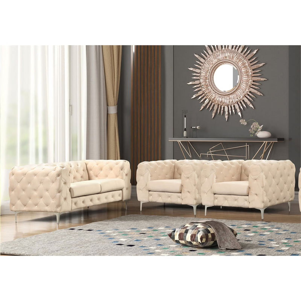 Beige Velvet Loveseat and Chairs Furniture Set D976