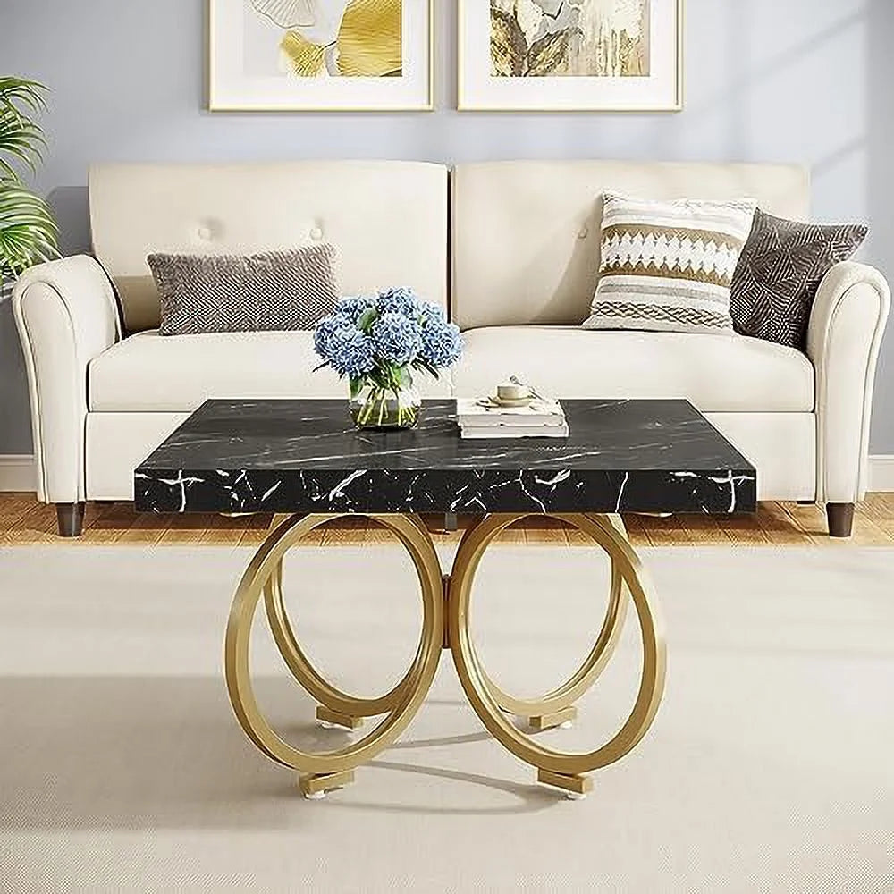 Black Square Coffee Table with Gold Geometric Frame I492770