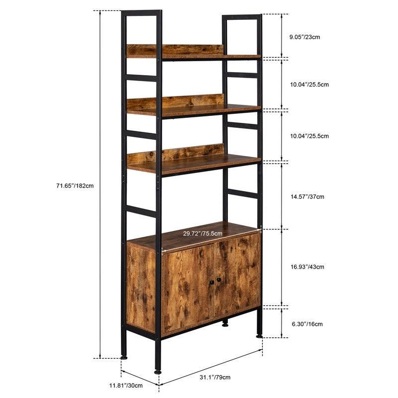 4-Tier Industrial Bookcase with Cabinets - Brown W1526