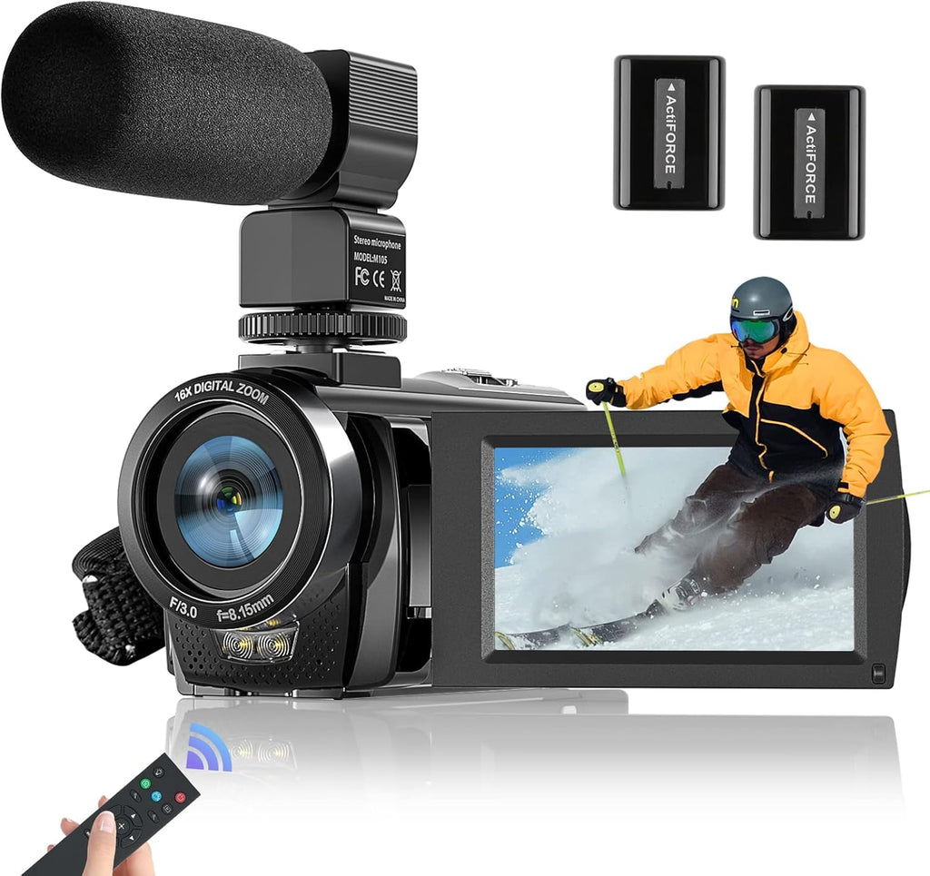 Full HD 1080P 24MP 30FPS 16X Zoom Digital Camera with 3.0 Inch 270° Rotation IPS Screen, Fill Light, Microphone, 2.4G Remote, 2 Batteries N5453