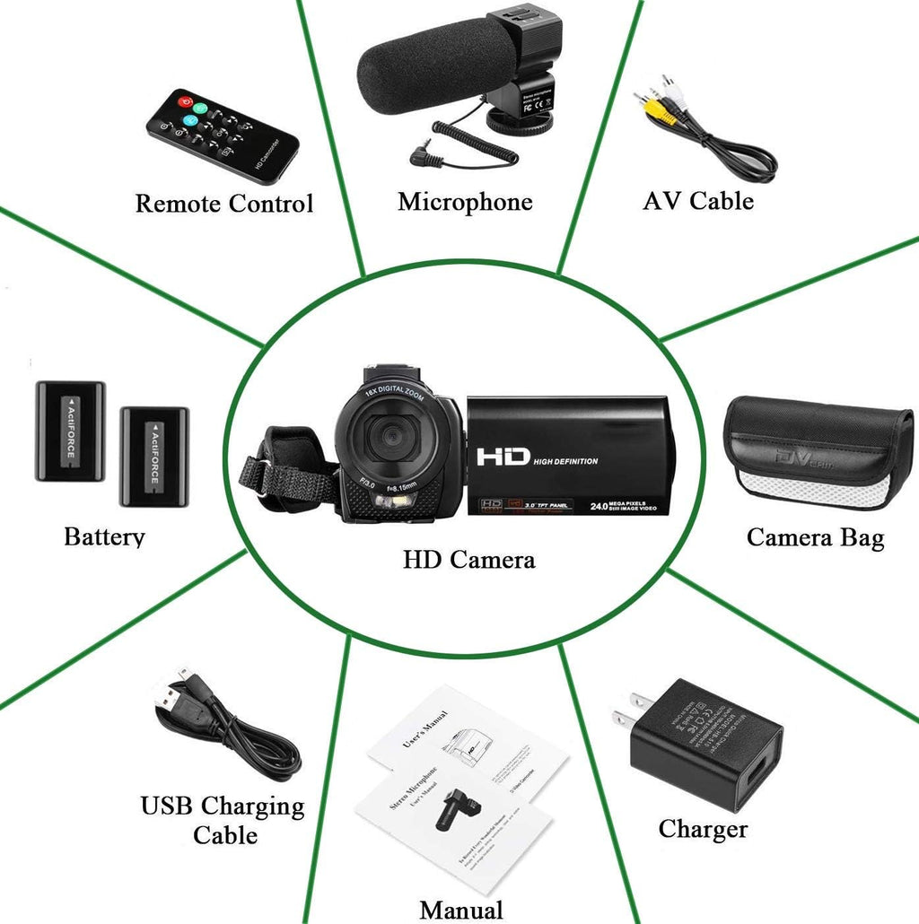 Full HD 1080P 24MP 30FPS 16X Zoom Digital Camera with 3.0 Inch 270° Rotation IPS Screen, Fill Light, Microphone, 2.4G Remote, 2 Batteries N5453