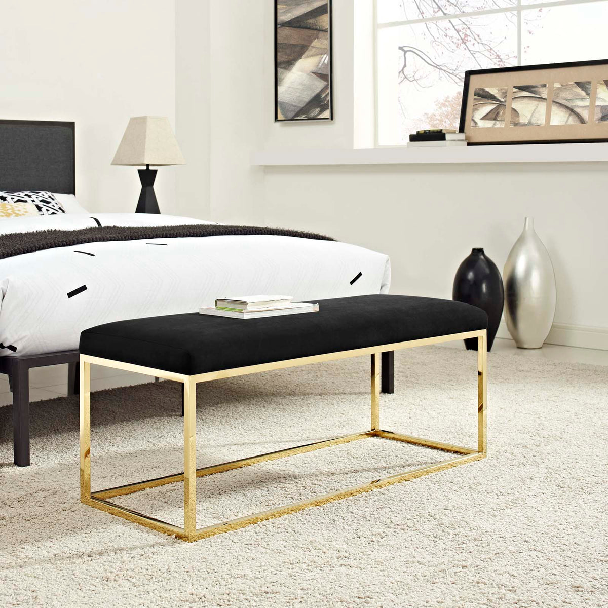 Gold Black Velvet Accent Chair Bench E303192