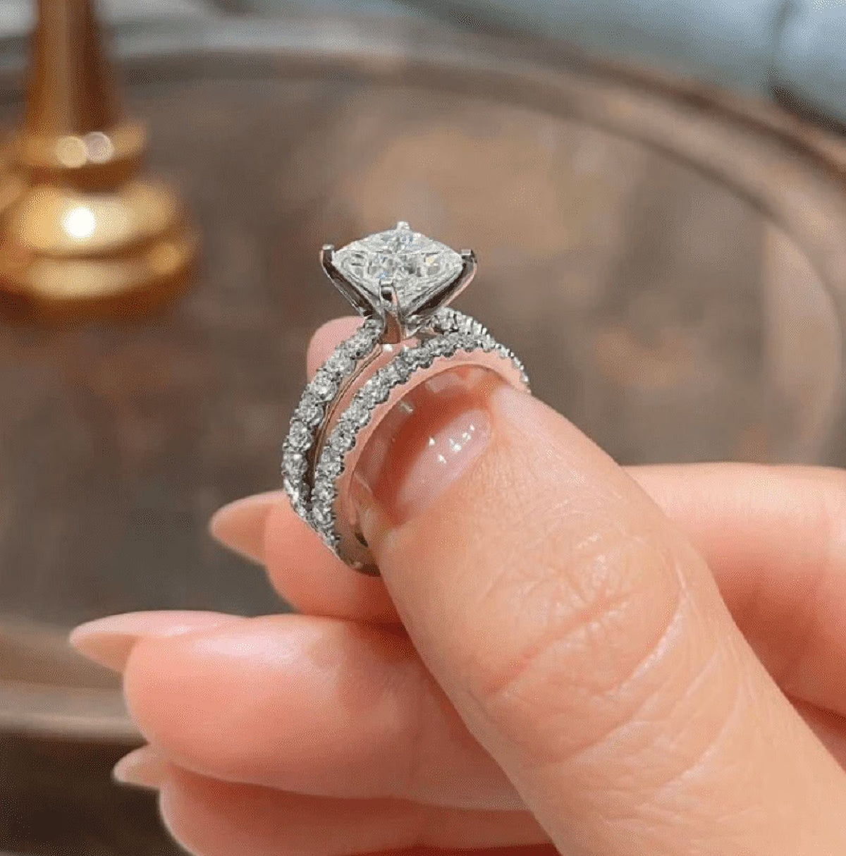14K White Gold Plated Princess Cut Moissanite Engagement Ring Set X2791