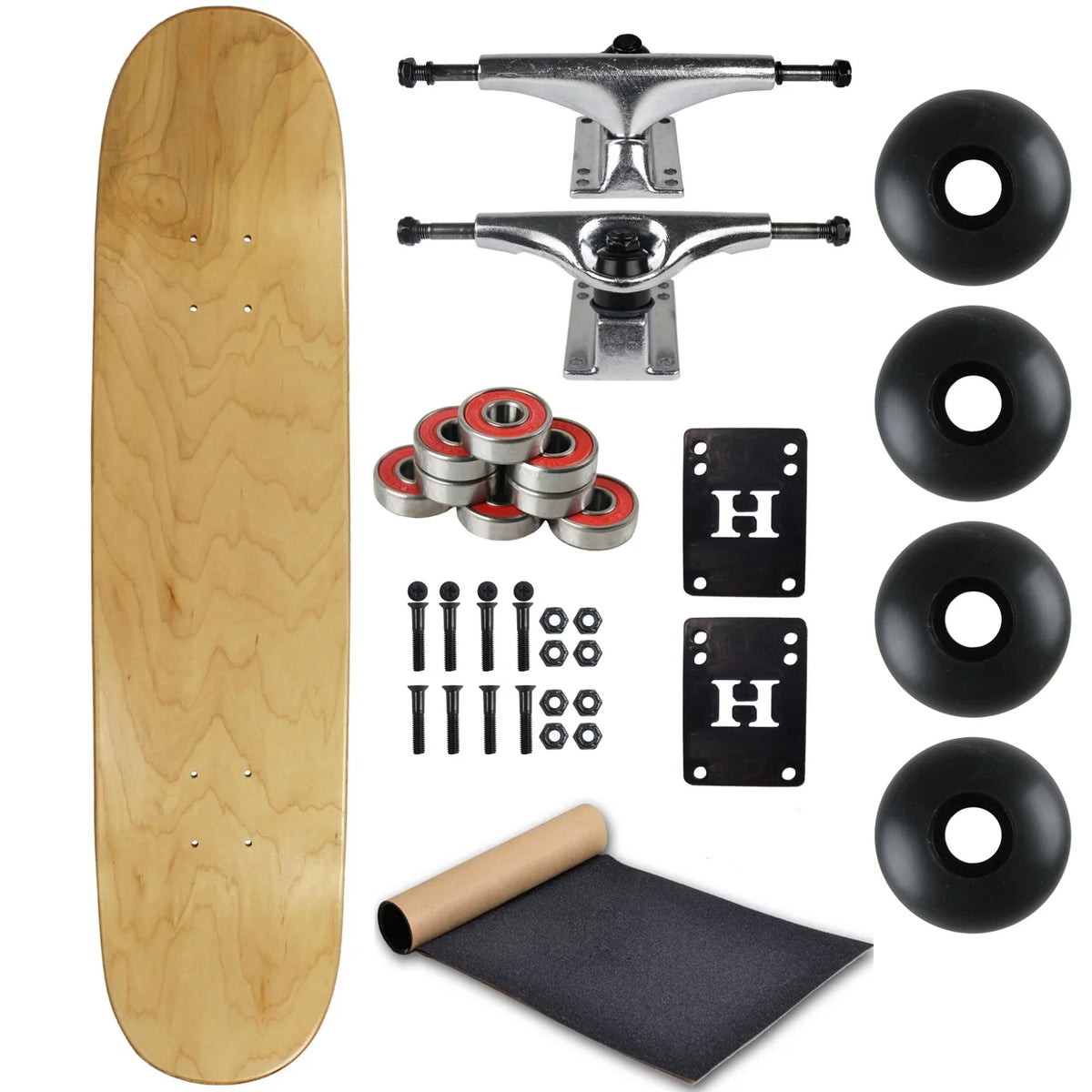 8.0" Natural Skateboard Complete with Silver Trucks and Black Wheels B58428