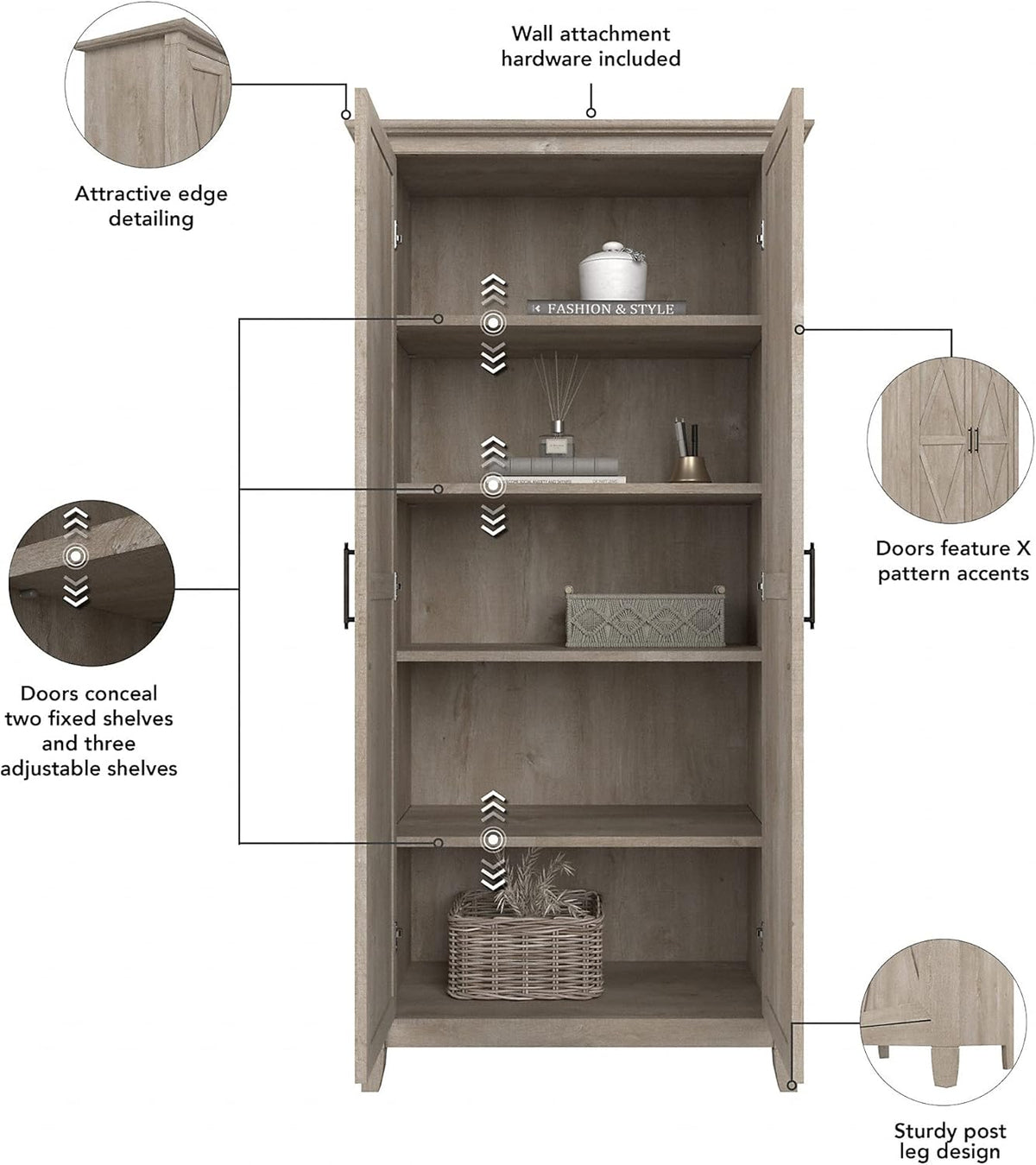 Washed Gray Tall Storage Cabinet with Doors F8207